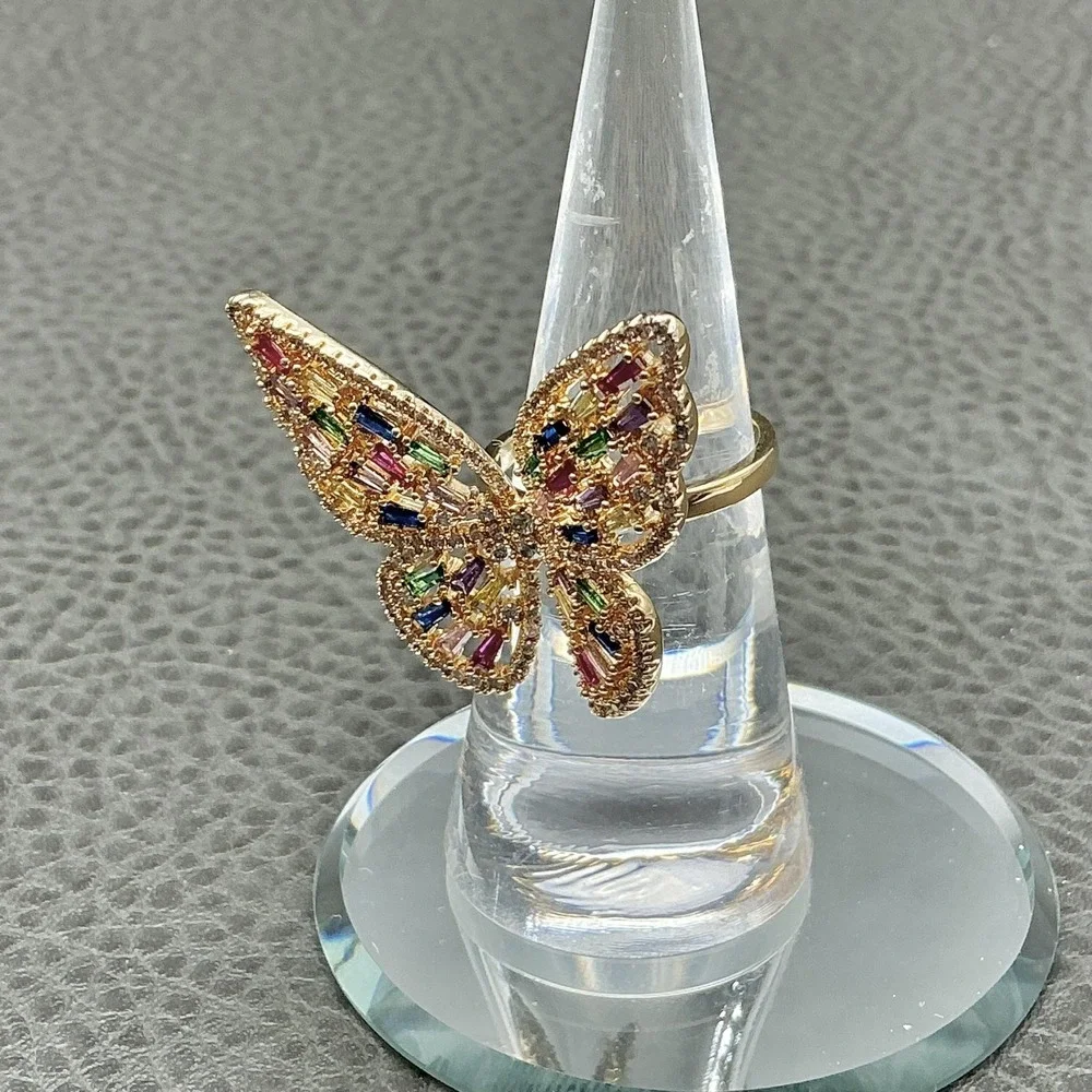 Ring Size 7 Gold Tone Multicolor Butterfly Rhinestone Cocktail Womens Jewelry